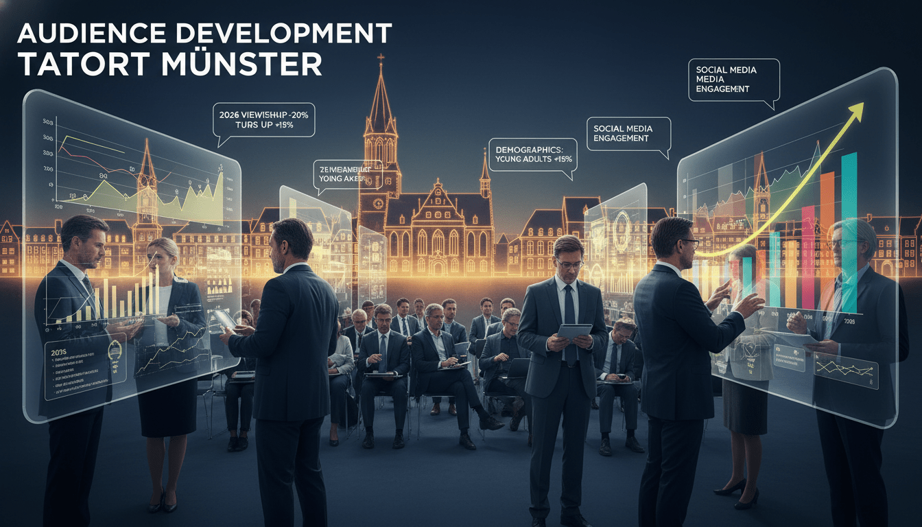 A vibrant and dynamic scene showcasing the audience development for "Tatort Münster", illustrated in an infographic style. In the foreground, a diverse group of viewers, dressed in business attire, engage with large screens displaying colorful graphs and statistics related to viewership trends from 2026. In the middle ground, rows of seating filled with attentive viewers, suggesting a community gathering. The background features iconic landmarks of Münster, with a subtle hint of a nighttime cityscape, enveloped in a warm, inviting glow. Soft lighting highlights the viewers' expressions of curiosity and analysis, creating an atmosphere of insight and engagement. The entire composition exudes a professional, analytical mood, emphasizing trends and data in an aesthetically pleasing manner. A vibrant and dynamic scene showcasing the audience development for "Tatort Münster", illustrated in an infographic style. In the foreground, a diverse group of viewers, dressed in business attire, engage with large screens displaying colorful graphs and statistics related to viewership trends from 2026. In the middle ground, rows of seating filled with attentive viewers, suggesting a community gathering. The background features iconic landmarks of Münster, with a subtle hint of a nighttime cityscape, enveloped in a warm, inviting glow. Soft lighting highlights the viewers' expressions of curiosity and analysis, creating an atmosphere of insight and engagement. The entire composition exudes a professional, analytical mood, emphasizing trends and data in an aesthetically pleasing manner.