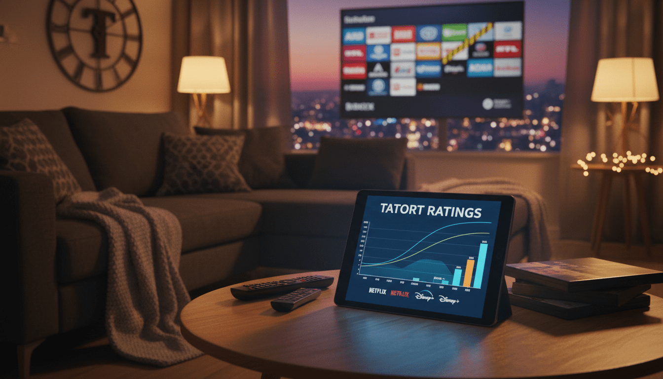 A vibrant and engaging comparison scene depicting "Tatort" ratings alongside various TV formats and streaming services. In the foreground, a sleek digital device displays graphs and charts showcasing viewer statistics, illuminated by a soft warm light, nestled amongst popular streaming platforms' logos. The middle ground features a modern living room setup with comfortable seating, surrounded by subtle hints of various entertainment options like remote controls and DVD cases. In the background, a larger screen presents a dynamic collage of iconic TV logos and a blurred urban skyline, suggesting a lively entertainment landscape. The atmosphere is both cozy and energetic, conveying a sense of connection between traditional TV and modern streaming dynamics, with a warm color palette and inviting lighting. A vibrant and engaging comparison scene depicting "Tatort" ratings alongside various TV formats and streaming services. In the foreground, a sleek digital device displays graphs and charts showcasing viewer statistics, illuminated by a soft warm light, nestled amongst popular streaming platforms' logos. The middle ground features a modern living room setup with comfortable seating, surrounded by subtle hints of various entertainment options like remote controls and DVD cases. In the background, a larger screen presents a dynamic collage of iconic TV logos and a blurred urban skyline, suggesting a lively entertainment landscape. The atmosphere is both cozy and energetic, conveying a sense of connection between traditional TV and modern streaming dynamics, with a warm color palette and inviting lighting.