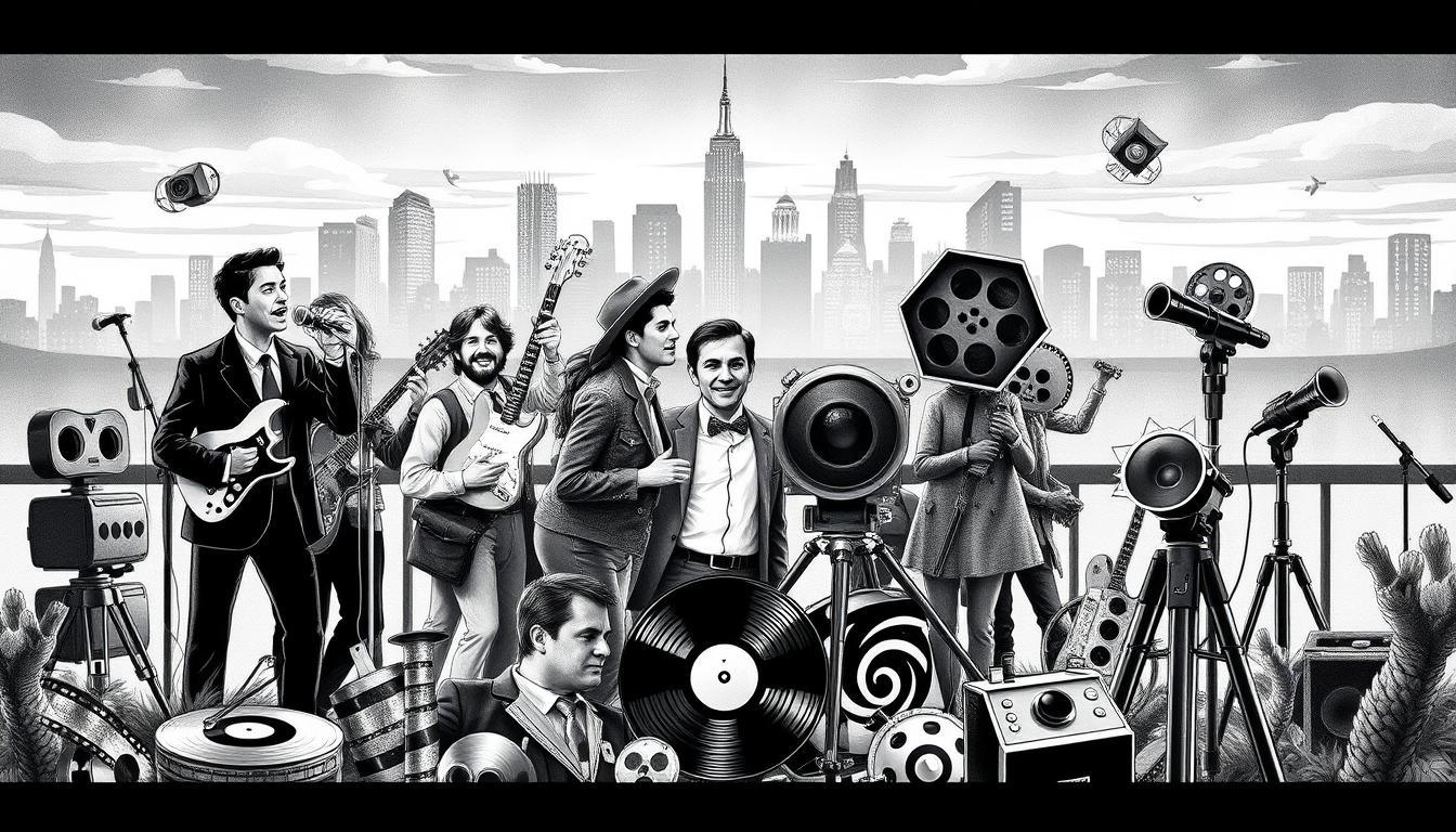 A vibrant black and white illustration capturing the essence of film, music, and pop culture on February 8th, with selective color accents. In the foreground, a diverse group of musicians and film characters, dressed in professional attire, celebrates a notable cinematic event, showcasing instruments and film reels. The middle ground features iconic symbols of pop culture such as a classic movie camera, vinyl records, and a retro microphone, all illustrated with intricate details. The background includes a city skyline silhouette, suggesting an evening setting with soft, diffused lighting that creates a warm, inviting atmosphere. This scene evokes nostalgia and excitement, masterfully blending artistry with the vitality of cultural milestones.