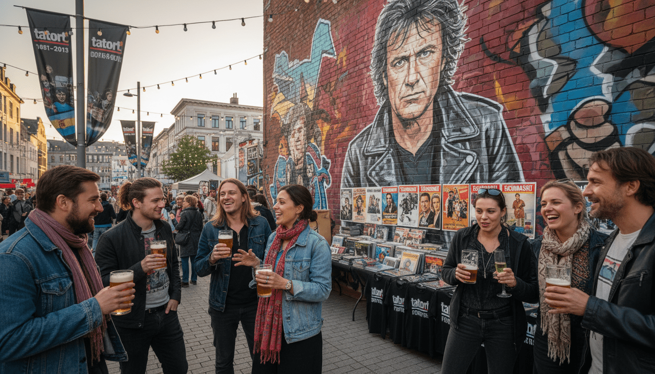 A vibrant fan gathering celebrating "Tatort Schimanski," featuring enthusiastic fans dressed in casual but stylish clothing, showcasing memorabilia like vintage posters and DVDs of Götz George's iconic performances. In the foreground, diverse fans hold drinks, smiling and engaging in animated conversation. In the middle ground, a wall displays a large mural of Schimanski, capturing the essence of the character's charisma. The background depicts a lively urban setting with banners referencing the series. The lighting is warm and inviting, evoking a sense of nostalgia and camaraderie, while the atmosphere is filled with excitement and appreciation for the cult classic, suggesting a close-knit community. The image captures the essence of media resonance surrounding Schimanski's legacy.