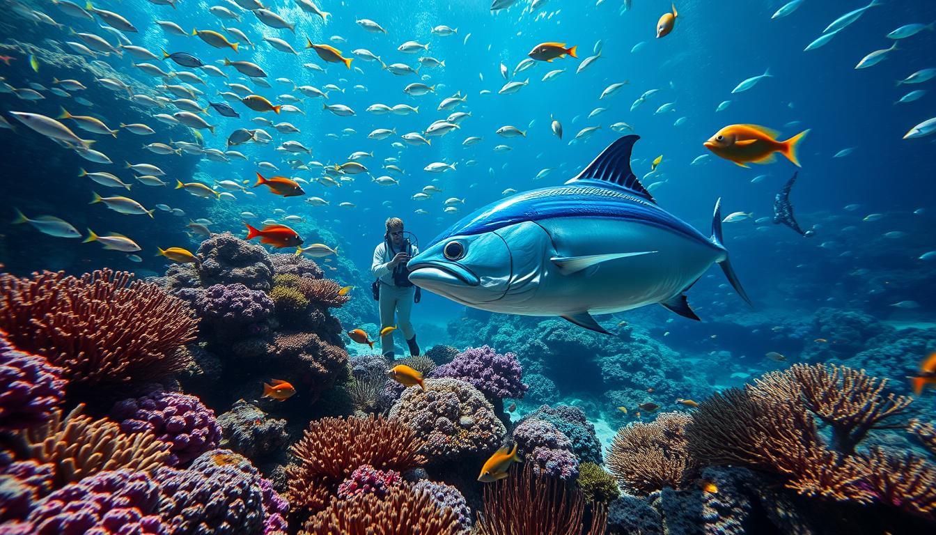 A vibrant underwater scene depicting an aquarium environment filled with diverse marine life, showcasing the majestic bluefin tuna at the forefront, swimming gracefully amidst a backdrop of rare tropical fish. The foreground features intricate coral reefs with vivid colors and varied textures, while schools of smaller, exotic fish dart around in playful patterns. In the middle ground, a researcher in professional attire examines underwater flora with a focus on documenting findings, suggesting a sense of adventure and discovery. The soft, diffused lighting creates a serene atmosphere, casting interesting shadows on the seabed, capturing the essence of exploration. The view is from an angle that emphasizes depth, inviting the viewer into this aquatic world.