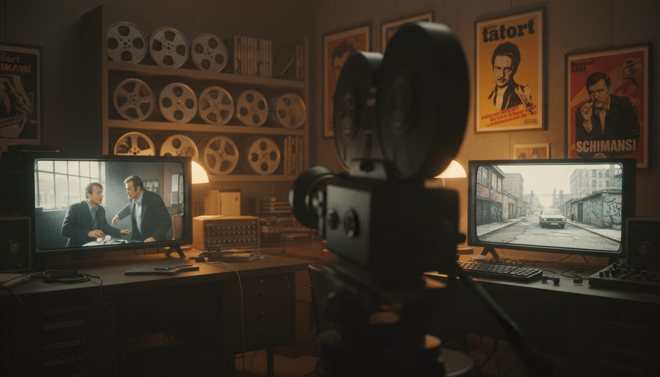 A vintage-inspired scene capturing the essence of "Tatort Schimanski," featuring a cinematic setting reminiscent of the classic episodes with Götz George. In the foreground, depict a dual-screen layout showcasing restored clips from the series, one screen displaying a dramatic interrogation scene and the other a suspenseful chase along the urban streets of Duisburg. The middle ground includes a stylish 1980s film camera, capturing the nostalgic feel of the original broadcasts. The background should feature a dimly lit, retro-themed film editing room adorned with various film reels and posters of the series. Use warm, atmospheric lighting to evoke a sense of nostalgia and intrigue, with a shallow depth of field to focus on the screens. The overall mood should be reflective, celebrating the enduring impact and revival of these cult episodes in modern times.