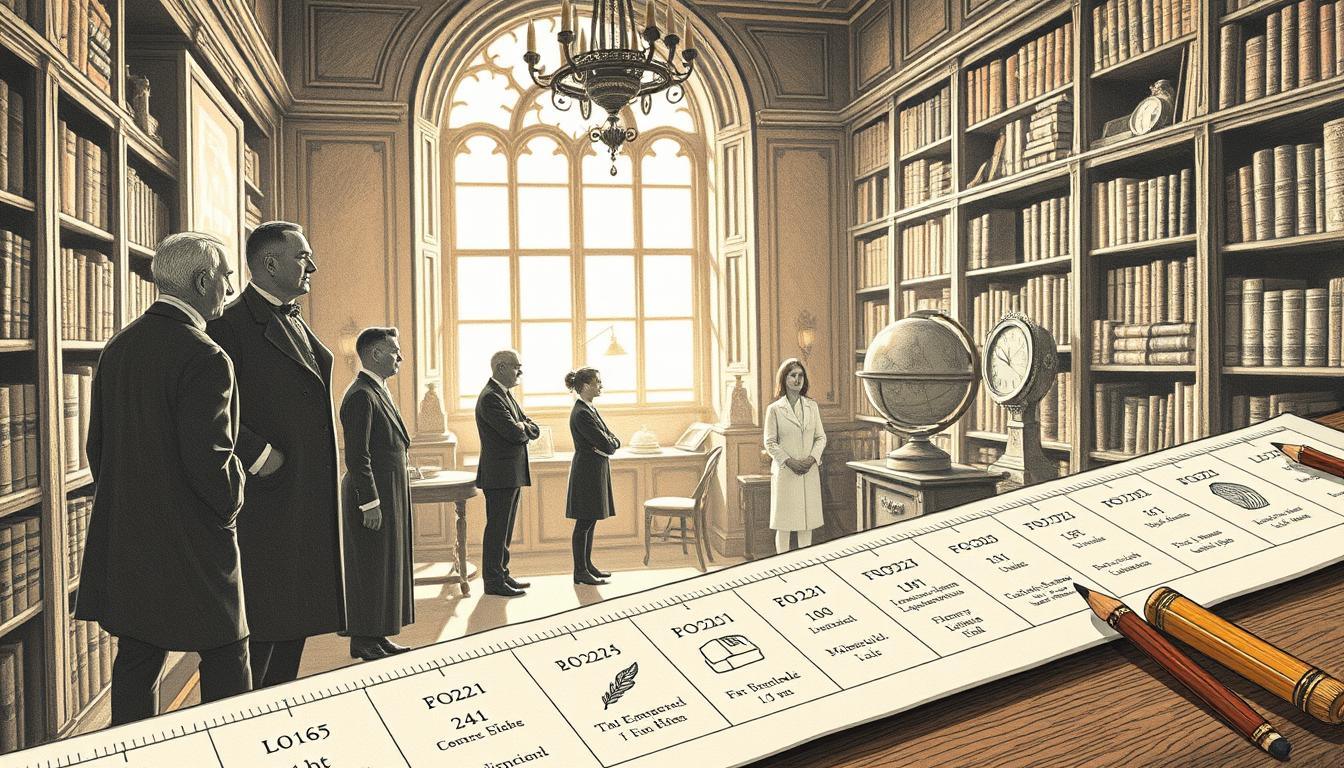A vintage-style illustration featuring historical milestones and peculiar events, capturing the essence of "February 18: Historical Events and Birthdays." In the foreground, depict a timeline with significant dates marked, illustrated with small, detailed sketches of iconic symbols representing each event, such as a quill, a clock, and a globe. The middle ground highlights silhouettes of influential figures from history in professional attire, poised thoughtfully, as if reflecting on their accomplishments. The background reveals a softly lit library filled with aged books and artifacts, casting a warm atmosphere. The entire scene is rendered in pencil, with monochrome shading and selective splashes of color to emphasize key elements, creating a nostalgic yet vibrant feel. The image should evoke a sense of curiosity and appreciation for history.