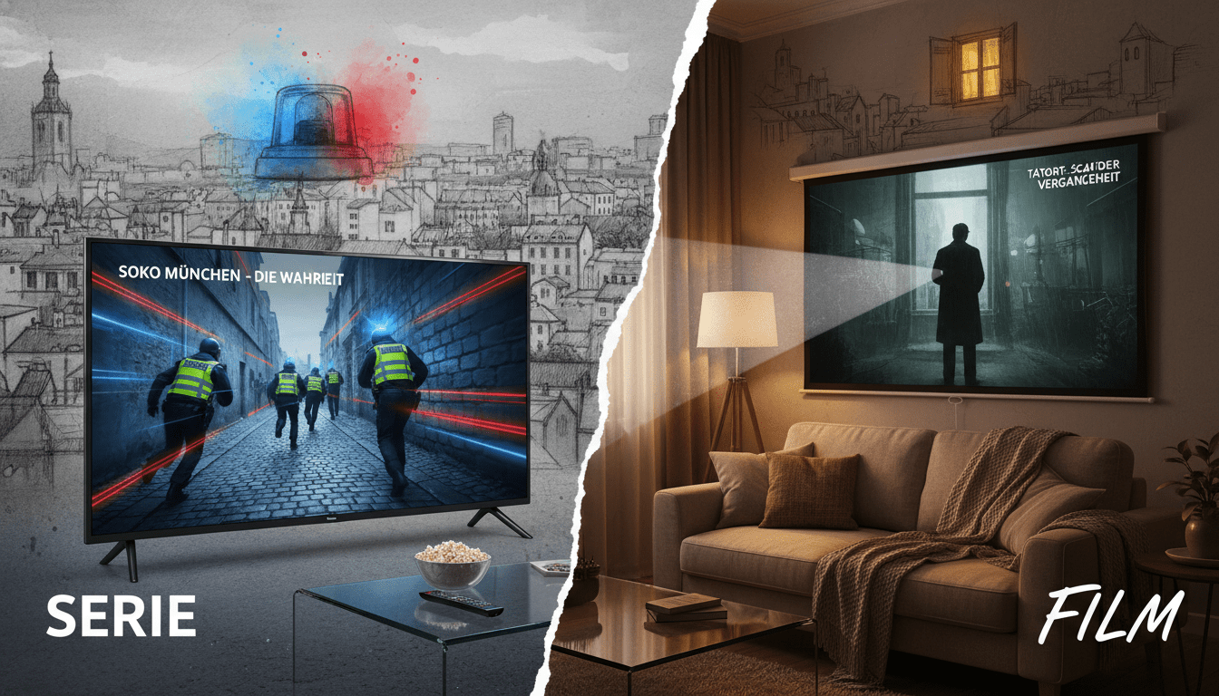A visually engaging split composition that illustrates the differences between a series format (like SOKO) and a single film format (like Tatort). In the foreground, depict a sleek television set displaying an action-packed scene from a crime series, with vivid colored accents highlighting the tension, showcasing police officers in professional attire. In the middle ground, render a cozy living room setting with a film projection screen displaying a cinematic, suspenseful moment from a standalone film, using soft, ambient lighting that suggests an intimate viewing experience. The background features a city skyline at dusk, blending into a black-and-white pencil sketch style with selective pops of color representing the key elements. Overall, create a contrast in moods: dynamic vs. serene, reflecting the unique characteristics of both formats.