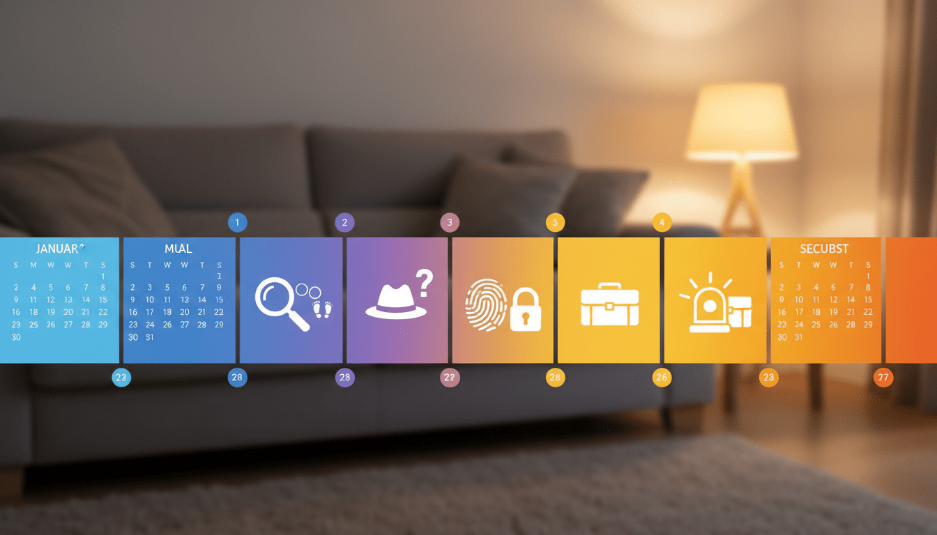A visually striking layout depicting a 2026 broadcast schedule for the "Tatort" series, displayed in an organized manner with various colorful date markers and episode titles. The foreground features a sleek, modern calendar design with a blend of soft gradients and vivid colors representing different months. In the middle, neatly arranged boxes highlight key dates for upcoming episodes, each with symbols representing crime themes, such as magnifying glasses and detective hats. The background includes a subtle, blurred image of a cozy living room setting, evoking a sense of anticipation and comfort associated with watching a TV series. The lighting is warm and inviting, capturing a peaceful evening ambiance. Overall, the image conveys a sense of excitement and clarity about the upcoming "Tatort" episodes without any text or distractions.