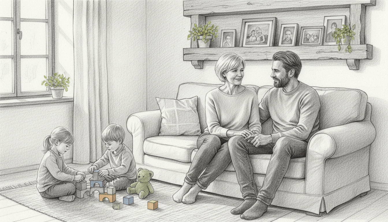 A warm, intimate scene depicting Astrid Fünderich’s family life in a cozy, traditional home in the countryside. In the foreground, Astrid, a middle-aged woman with short, light hair, is dressed in modest casual attire, sitting comfortably on a plush sofa, smiling warmly at her partner, who is beside her, enjoying a tender moment together. In the middle ground, two children are playing quietly with toys, embodying a family atmosphere filled with love and joy. The background features a rustic wooden shelf adorned with family photos and greenery. The overall lighting is soft and inviting, with natural light streaming through a window. The image is in pencil black and white, enhanced with subtle colored accents in the children's toys and greenery, creating a heartwarming contrast.