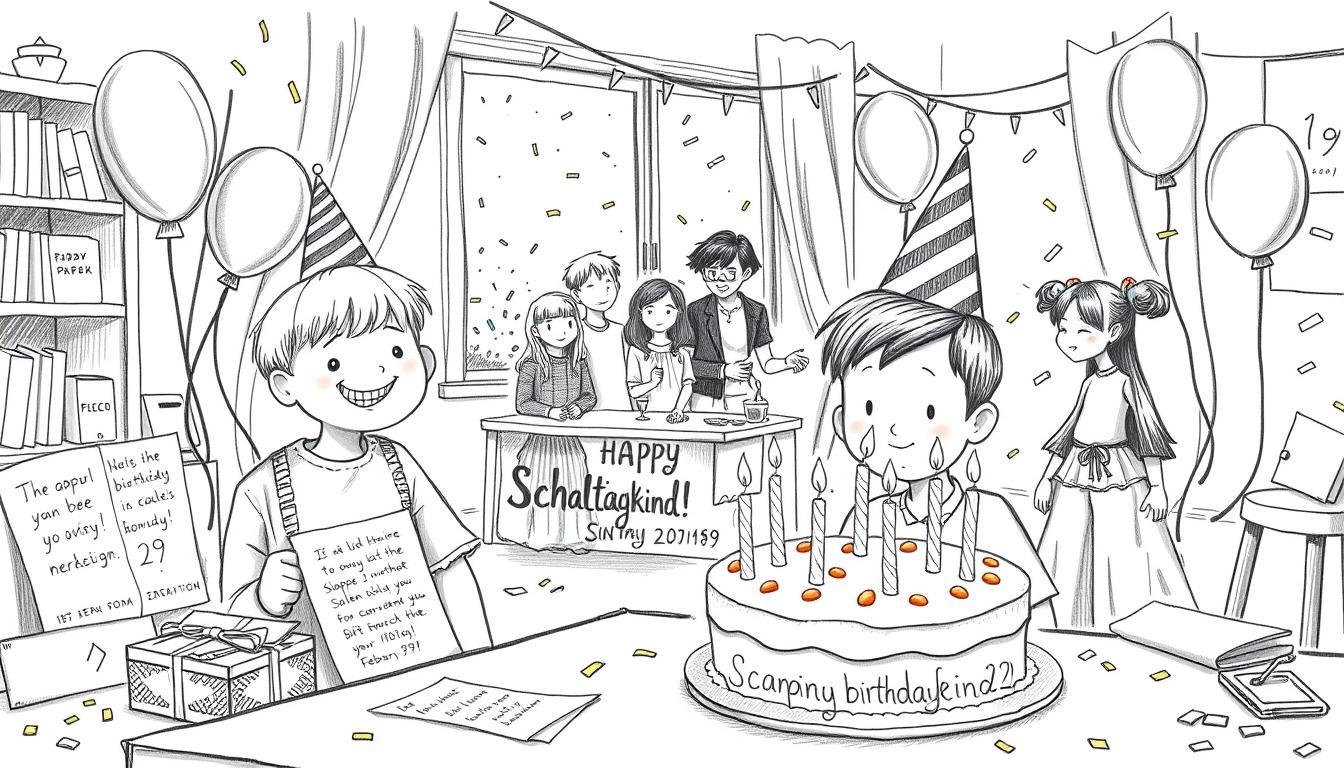 A whimsical black-and-white illustration capturing a "Schalttagskind" birthday celebration, depicting a cheerful child with a party hat, surrounded by colorful balloons and a cake with four candles, symbolizing their unique birthday on February 29. In the foreground, a desk with birthday cards and gifts showcases handwritten messages celebrating their special day. The middle layer features festive decorations like streamers and confetti, with a diverse group of friends in modest, casual clothing joyfully engaging in games. In the background, a window reveals a sunny day, with soft sunlight filtering in, creating a warm and inviting atmosphere. The entire scene is accented with small bursts of color, such as the balloons and party decorations, creating a joyful celebration mood, all illustrated in pencil with selective color highlights.