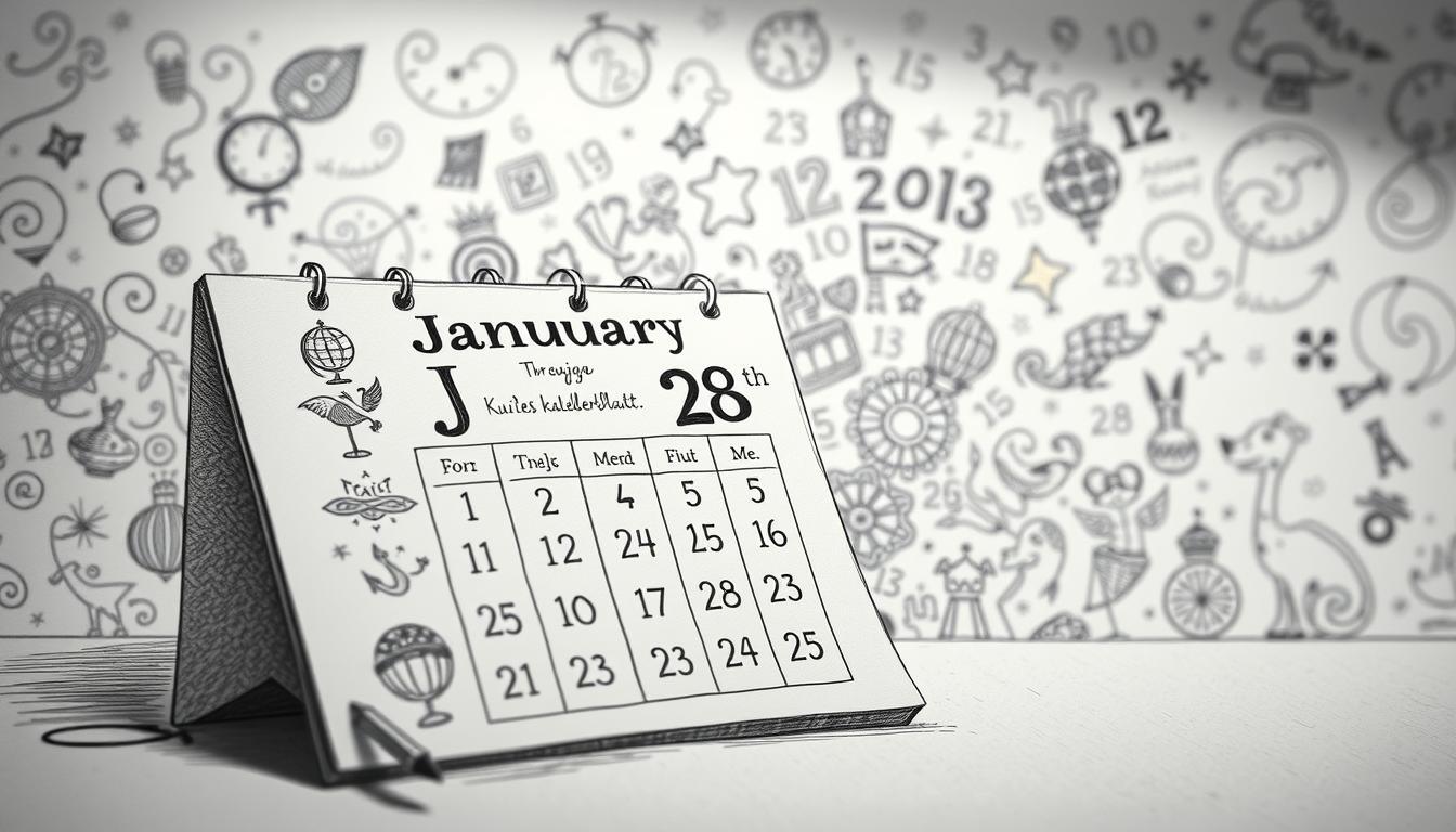 A whimsical black and white pencil sketch illustrating "Kurioses Kalenderblatt" for January 28th, featuring peculiar historical events and quirky birthdays. In the foreground, a vintage calendar page displays intriguing symbols and objects related to famous people born on this day, like a small globe and a quill. The middle ground presents a playful collection of odd inventions and fun facts, like a whimsical clock and unusual animals, all adorned with subtle colored accents like soft blues and greens. The background is an abstract blend of swirling lines and dates, creating a dreamy atmosphere. The scene is softly illuminated, enhancing the intricate details while casting gentle shadows, conveying a sense of curiosity and wonder. The perspective is slightly tilted for an engaging view, inviting the viewer into this extraordinary celebration of history. A whimsical black and white pencil sketch illustrating "Kurioses Kalenderblatt" for January 28th, featuring peculiar historical events and quirky birthdays. In the foreground, a vintage calendar page displays intriguing symbols and objects related to famous people born on this day, like a small globe and a quill. The middle ground presents a playful collection of odd inventions and fun facts, like a whimsical clock and unusual animals, all adorned with subtle colored accents like soft blues and greens. The background is an abstract blend of swirling lines and dates, creating a dreamy atmosphere. The scene is softly illuminated, enhancing the intricate details while casting gentle shadows, conveying a sense of curiosity and wonder. The perspective is slightly tilted for an engaging view, inviting the viewer into this extraordinary celebration of history.