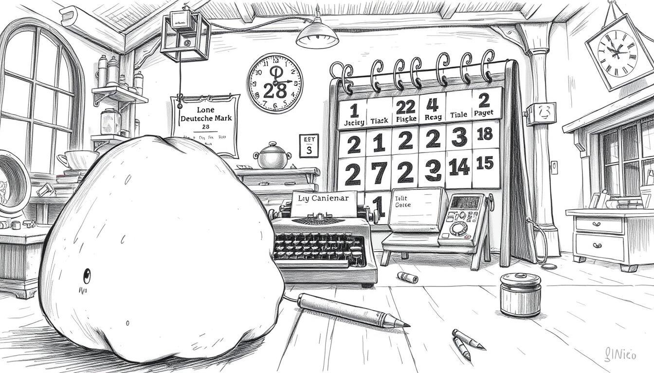 A whimsical, monochrome illustration in pencil style, featuring quirky inventions and historical oddities, focused on the theme of "Curiosities and Inventions" from the perspective of February 28. In the foreground, include a stylized depiction of a Styrofoam object, creatively rendered with intricate details. In the middle ground, showcase an assortment of historical inventions, such as a vintage typewriter, a retro telephone, and an oversized calendar marking the last day of the Deutsche Mark, all highlighted with subtle color accents. The background should depict a softly lit, timeless setting combining elements of a vintage workshop and an old-fashioned street, evoking a nostalgic atmosphere. The scene captures a sense of whimsy and exploration, inviting viewers to reflect on the unique convergence of innovation and time. A whimsical, monochrome illustration in pencil style, featuring quirky inventions and historical oddities, focused on the theme of "Curiosities and Inventions" from the perspective of February 28. In the foreground, include a stylized depiction of a Styrofoam object, creatively rendered with intricate details. In the middle ground, showcase an assortment of historical inventions, such as a vintage typewriter, a retro telephone, and an oversized calendar marking the last day of the Deutsche Mark, all highlighted with subtle color accents. The background should depict a softly lit, timeless setting combining elements of a vintage workshop and an old-fashioned street, evoking a nostalgic atmosphere. The scene captures a sense of whimsy and exploration, inviting viewers to reflect on the unique convergence of innovation and time.