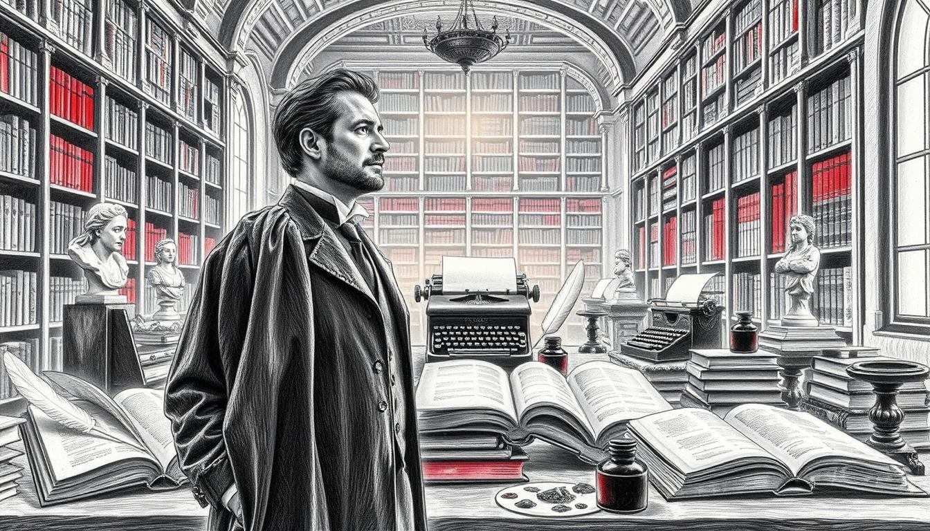 An artistic representation of "Kunst, Literatur und Geistesgeschichte" celebrating the historical significance of February 8th. In the foreground, a scholar in professional attire stands, surrounded by open books, quills, and ink pots, their expression contemplative. The middle layer features iconic symbols of art and literature, like a vintage typewriter, classic sculptures, and a palette with vibrant accents of color. In the background, an ethereal library with towering shelves filled with ancient tomes and soft, warm lighting creates an inviting atmosphere. The ambiance is serene and intellectual, captured with a pencil shading technique in black and white, enhanced by selective bursts of color to represent creativity. The angle is slightly elevated, giving a thoughtful overview of this rich tapestry of cultural history.