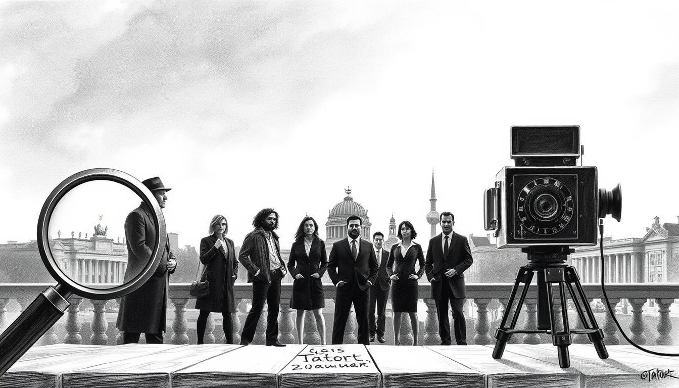 An artistic representation of "Tatort Suchtrends Januar 2025" in black and white pencil drawing style, featuring classic elements like a detective's magnifying glass and a vintage film camera in the foreground, symbolizing the ongoing investigation and artistic legacy of the show. In the middle ground, depict silhouetted figures of diverse actors in professional attire, representing the beloved cast members, with subtle colored accents highlighting their unique personalities. The background should feature an iconic Berlin skyline with moody atmospheric lighting, perhaps during twilight, casting long shadows. This composition should evoke a somber yet nostalgic mood, reflecting current developments in the world of "Tatort" while celebrating the talent of those who have passed away.