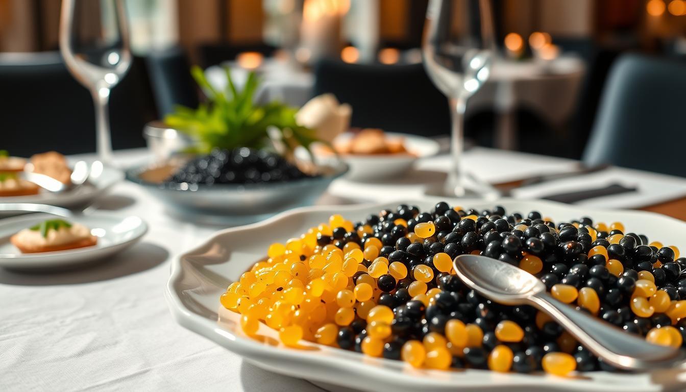 An elegant composition showcasing the exquisite quality characteristics of fresh caviar. In the foreground, display a meticulously arranged platter with glistening black and golden caviar pearls, their textures shimmering under soft natural light. Include delicate mother-of-pearl spoons and pristine serving dishes to enhance the luxurious presentation. In the middle ground, present subtle elements like finely chopped chives and blinis, suggesting a gourmet experience. The background should feature a refined, softly blurred setting of an upscale dining environment, with elegant tableware and ambient candlelight creating an intimate atmosphere. Capture the image from a slightly elevated angle, focusing on the richness and vibrancy of the caviar, while ensuring a polished and sophisticated mood throughout the scene.