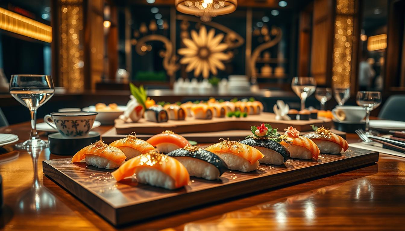 An elegant display of a luxurious Omakase sushi menu arranged artfully on a polished wooden table. In the foreground, exquisite pieces of sushi adorned with gold leaf and delicate garnishes, reflecting opulence. The middle ground features a beautifully handcrafted sushi board with detailed artistic elements, elegantly surrounded by fine China, sparkling sake glasses, and intricate chopsticks. In the background, a softly lit sushi bar ambiance with bamboo accents and warm, inviting lighting creates a serene atmosphere. A shallow depth of field focuses on the sushi, giving a sense of intimacy. The overall mood is indulgent and sophisticated, highlighting the artistry and luxury of the world’s most expensive sushi offerings.