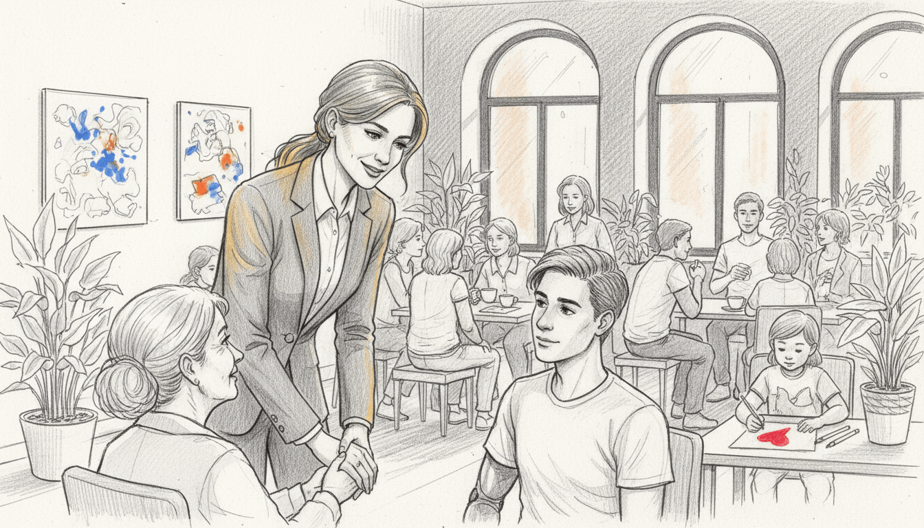 An intimate scene depicting Astrid M. Fünderich, the head of SOKO Stuttgart, engaging in social work away from the camera. In the foreground, she is dressed in professional business attire, interacting warmly with a diverse group of community members in a cozy, welcoming atmosphere. The middle ground features a vibrant community center filled with plants and colorful art on the walls, suggesting a lively environment. In the background, soft sunlight filters through large windows, casting gentle shadows and creating a warm, inviting mood. The image is rendered in pencil sketch style with black and white tones, highlighted by bold, strategic color accents on walls or clothing, emphasizing the warmth of community engagement. The overall atmosphere conveys a sense of compassion and dedication.