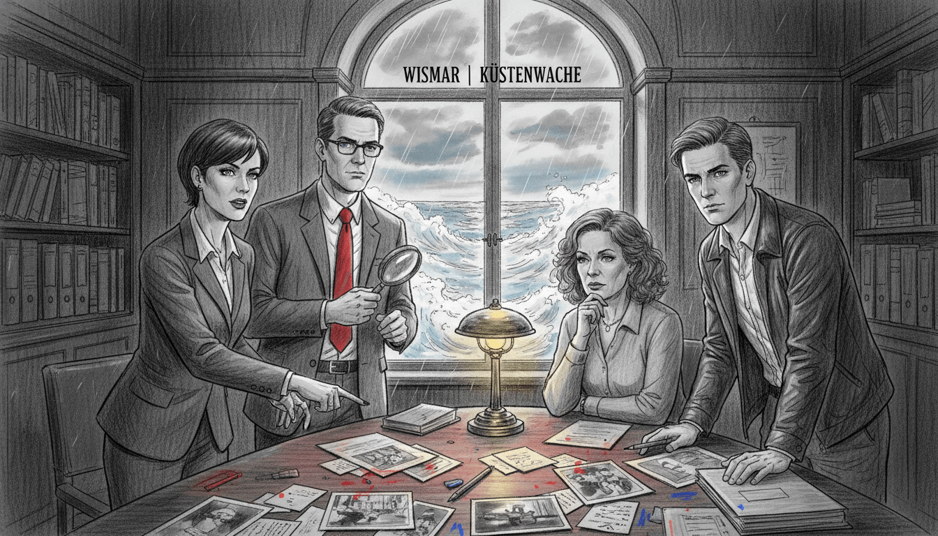 An investigative team from a crime series, set in a small coastal town like Wismar, needs to be illustrated in a striking black and white style with occasional splashes of color. In the foreground, depict four detectives in professional business attire – a confident woman with short dark hair, a tall man with glasses, a middle-aged woman with curly hair, and a younger man with a casual but tidy appearance. They are engaged in deep discussion, surrounded by clues, such as photos and notes scattered on a table. The middle ground features a dimly lit office with a vintage aesthetic, showcasing a large window revealing a stormy sky outside. In the background, subtle shadows of waves symbolize the coastal setting. The mood should be intense and focused, evoking the tension of a gripping mystery.