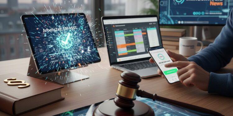 Arbeitszeitgesetz 2026 Reform: Richterhammer auf digitalem Tablet mit Bußgeld-Warnung.