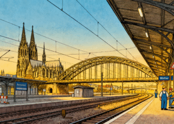 Luftbild des Kölner Hauptbahnhofs mit Bauarbeiten und leeren Gleisen während der Köln Hbf Sperrung