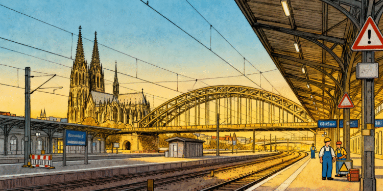 Luftbild des Kölner Hauptbahnhofs mit Bauarbeiten und leeren Gleisen während der Köln Hbf Sperrung