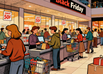 Menschen mit Einkaufstüten in einem Einkaufszentrum am Black Friday, Illustration zur Frage wann ist Black Friday im November