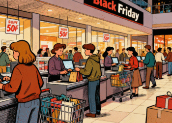 Menschen mit Einkaufstüten in einem Einkaufszentrum am Black Friday, Illustration zur Frage wann ist Black Friday im November