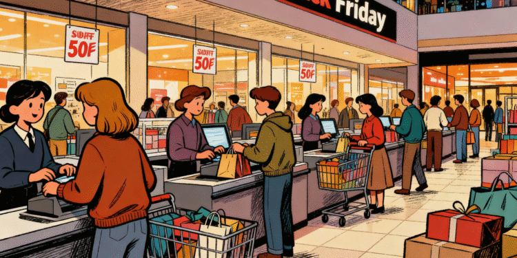 Menschen mit Einkaufstüten in einem Einkaufszentrum am Black Friday, Illustration zur Frage wann ist Black Friday im November