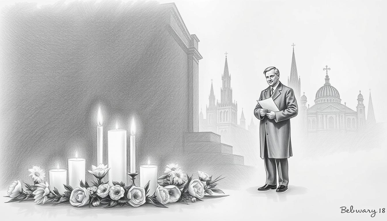 Black and white pencil drawing depicting a solemn tribute to historical figures who died on February 18th. In the foreground, a gracefully arranged memorial with candles and flowers, symbolizing remembrance, placed elegantly beside stylized outlines of notable figures in professional attire, their expressions reflecting reflection and honor. In the middle ground, a softly lit backdrop reveals shadows of historical architecture, representing the passage of time and the significance of their contributions, enhanced with selective colored accents for a poignant focus on key details. The composition is captured from a slightly elevated angle to evoke a sense of reverence, bathed in a subtle, moody atmosphere, encouraging contemplation and commemoration without any text or distractions.