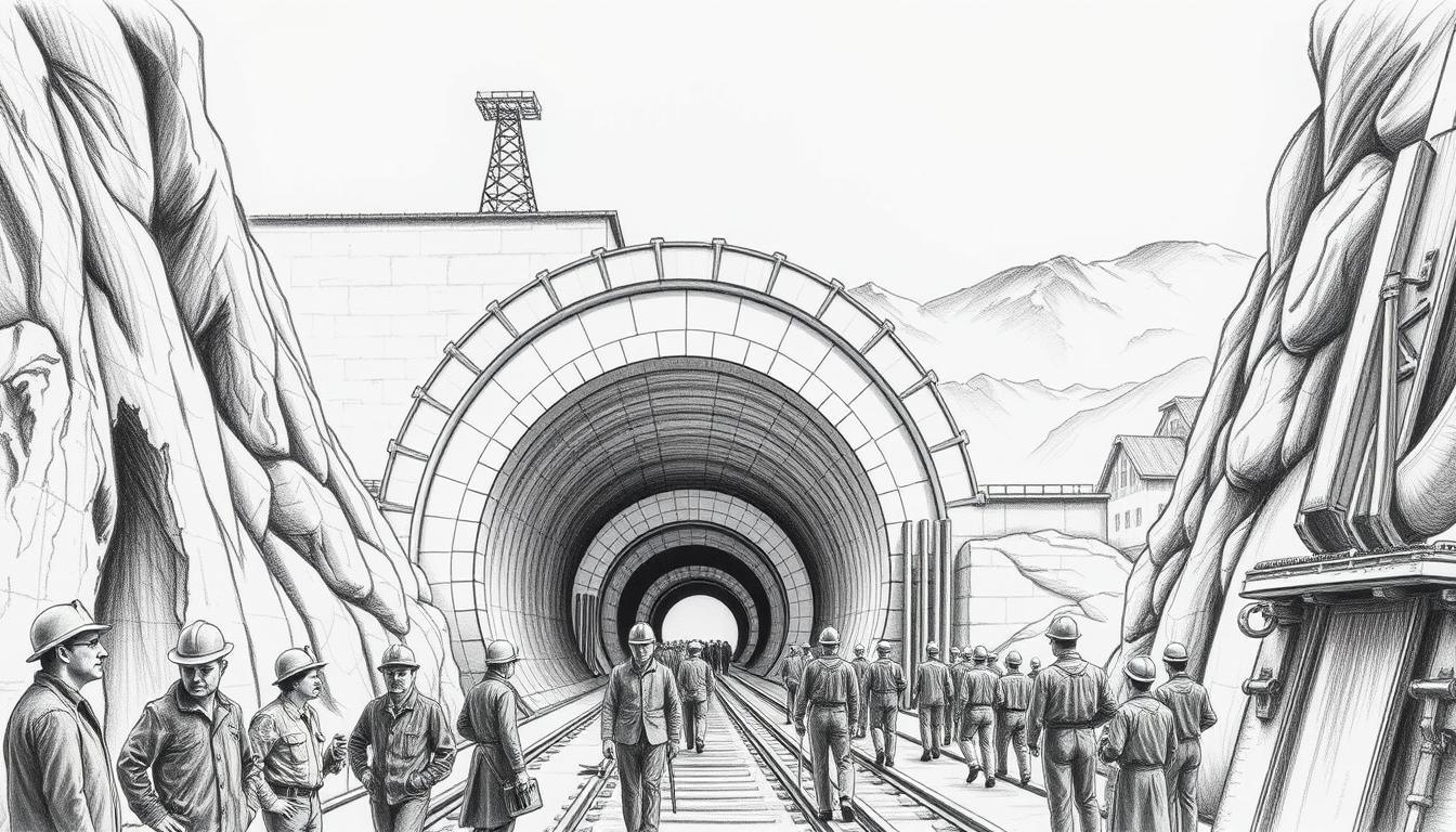 Black and white pencil sketch of the Gotthard Base Tunnel, emphasizing its historical significance in Swiss history, with elegant, accurate architectural details. In the foreground, depict workers in professional attire from the construction era, engaged in their tasks, representing the human effort behind this engineering marvel. The middle layer should showcase the tunnel entrance, slightly illuminated to highlight its depth and structure, with shadows adding a sense of mystery and grandeur. In the background, a panoramic view of the Swiss Alps, shrouded in soft mist, providing a serene contrast to the bustling activity. Add subtle color accents, such as light blue for the sky and earthy tones for the workers’ tools, to enhance visual interest while maintaining the monochromatic theme. The overall atmosphere should evoke a sense of pride and reflection on Swiss innovation and history. Black and white pencil sketch of the Gotthard Base Tunnel, emphasizing its historical significance in Swiss history, with elegant, accurate architectural details. In the foreground, depict workers in professional attire from the construction era, engaged in their tasks, representing the human effort behind this engineering marvel. The middle layer should showcase the tunnel entrance, slightly illuminated to highlight its depth and structure, with shadows adding a sense of mystery and grandeur. In the background, a panoramic view of the Swiss Alps, shrouded in soft mist, providing a serene contrast to the bustling activity. Add subtle color accents, such as light blue for the sky and earthy tones for the workers’ tools, to enhance visual interest while maintaining the monochromatic theme. The overall atmosphere should evoke a sense of pride and reflection on Swiss innovation and history.