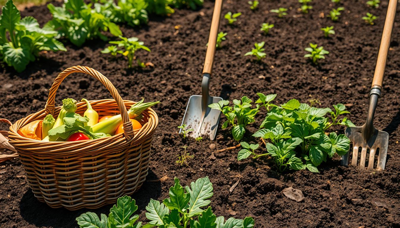 Bodenvorbereitung Gemüsegarten mit Kompost und Werkzeugen