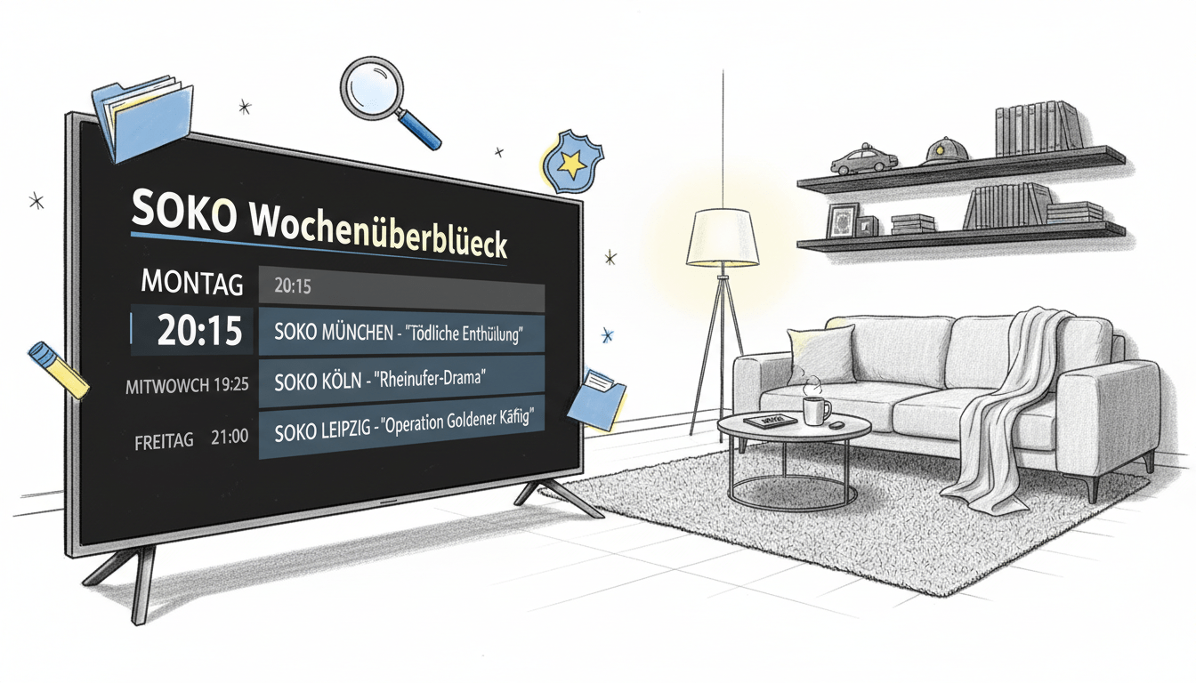 Create a black and white illustration of a television programming overview for "SOKO Wochenüberblick." The foreground should feature a sleek, modern television displaying a digital interface with a detailed TV schedule, highlighting key upcoming episodes of "SOKO." Surrounding the screen, include doodles of iconic elements like a magnifying glass, police badge, and file folder in subtle, colored accents, such as blue and yellow. In the middle ground, depict a cozy living room setting, with a stylish sofa and soft lighting that creates a warm atmosphere. The background should reflect a minimalist style, emphasizing a wall-mounted shelf with various TV show memorabilia. The scene conveys a sense of anticipation and excitement for the upcoming television highlights. Create a black and white illustration of a television programming overview for "SOKO Wochenüberblick." The foreground should feature a sleek, modern television displaying a digital interface with a detailed TV schedule, highlighting key upcoming episodes of "SOKO." Surrounding the screen, include doodles of iconic elements like a magnifying glass, police badge, and file folder in subtle, colored accents, such as blue and yellow. In the middle ground, depict a cozy living room setting, with a stylish sofa and soft lighting that creates a warm atmosphere. The background should reflect a minimalist style, emphasizing a wall-mounted shelf with various TV show memorabilia. The scene conveys a sense of anticipation and excitement for the upcoming television highlights.