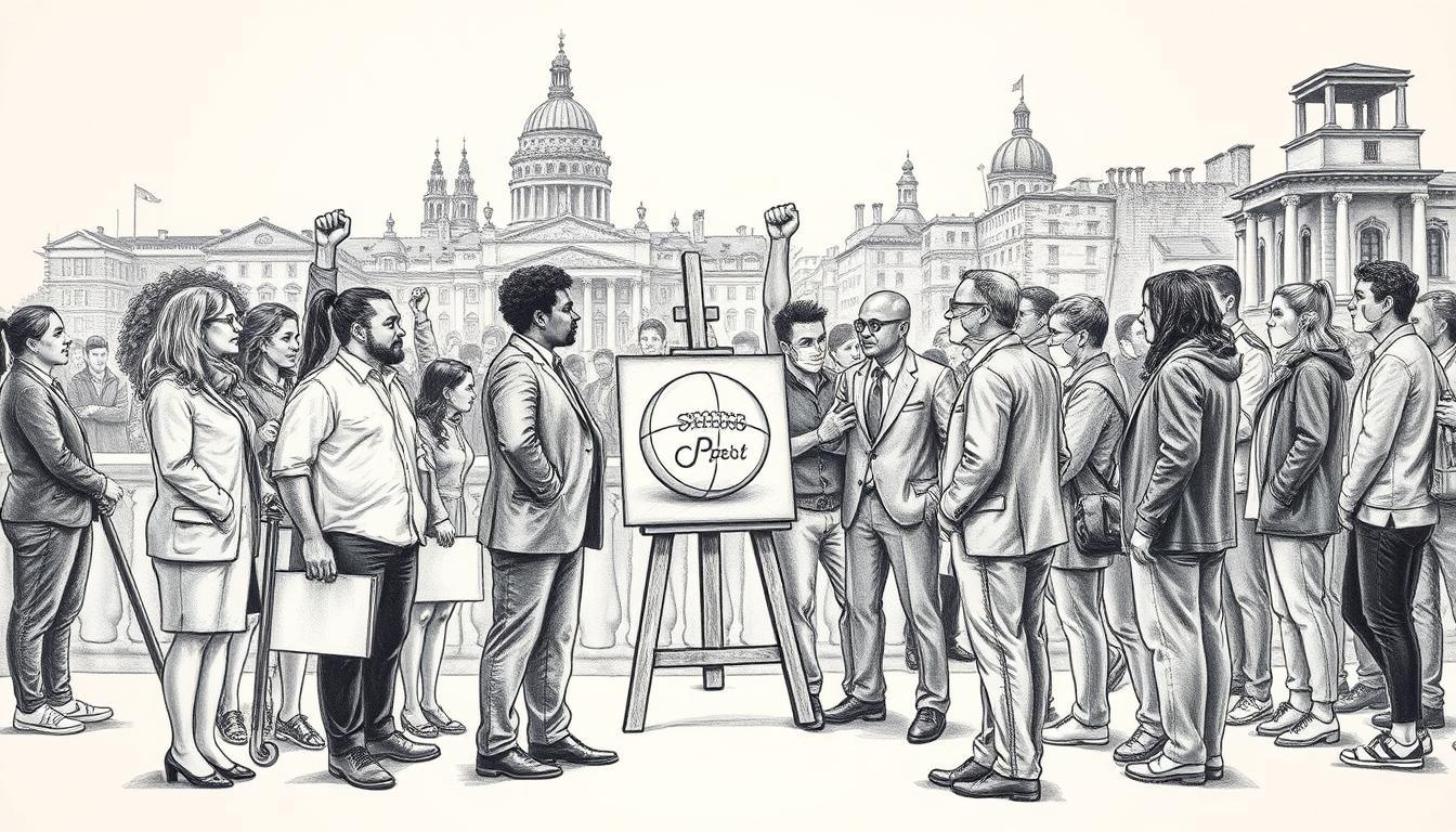 Create a black and white pencil drawing illustration that symbolizes the intersection of art, sports, and resistance. In the foreground, depict a diverse group of individuals in professional attire engaged in a spirited discussion, showcasing cooperation and determination. In the middle ground, show iconic elements of sports, such as a vintage football and a painter's easel, integrated with symbols of resistance like raised fists and artistic banners. The background should hint at a historical cityscape, evoking a sense of time and place, subtly infused with color accents highlighting the slogans of freedom and creativity. Use soft lighting to create a contemplative atmosphere, capturing the essence of unity and strength against adversity, with an emphasis on the interplay of monochrome and selective color. The overall mood should inspire hope and resilience.