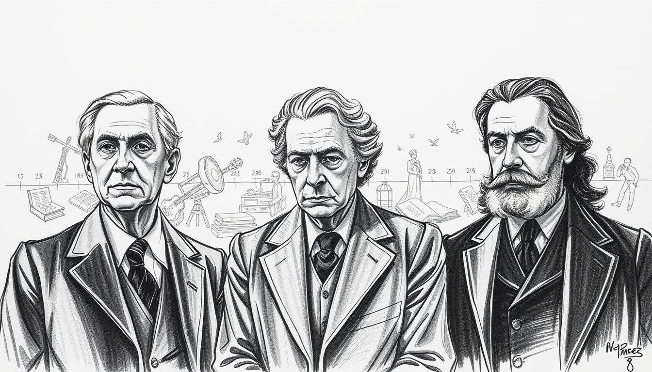 Create a black and white sketch depicting notable historical figures who passed away on February 28. The foreground features three solemn individuals in professional attire, representing different eras and cultures, with subtle expressions of contemplation. In the middle ground, include iconic elements associated with their lives—such as books, musical instruments, or scientific instruments—evoking their contributions. The background showcases a soft, blurred representation of a historical timeline with faint outlines of significant events tied to their legacies. Use soft chiaroscuro lighting to enhance the mood, drawing the viewer's focus to the figures while the background remains ethereal. Integrate occasional colored accents like sepia tones or muted gold to highlight specific elements, creating a poignant yet respectful atmosphere. Create a black and white sketch depicting notable historical figures who passed away on February 28. The foreground features three solemn individuals in professional attire, representing different eras and cultures, with subtle expressions of contemplation. In the middle ground, include iconic elements associated with their lives—such as books, musical instruments, or scientific instruments—evoking their contributions. The background showcases a soft, blurred representation of a historical timeline with faint outlines of significant events tied to their legacies. Use soft chiaroscuro lighting to enhance the mood, drawing the viewer's focus to the figures while the background remains ethereal. Integrate occasional colored accents like sepia tones or muted gold to highlight specific elements, creating a poignant yet respectful atmosphere.
