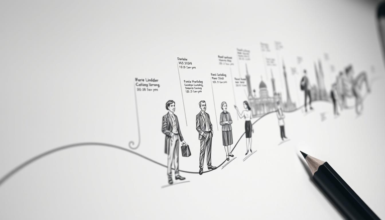 Create a detailed black and white timeline illustration titled "Chronologie Geschichte Timeline," featuring a series of significant historical events represented in an elegant sketch style. In the foreground, depict a winding timeline with key events marked by sophisticated icons or small illustrations. The middle section should include notable figures in professional attire illustrated in a modest and respectful manner, each positioned near their respective events, highlighting their contributions. In the background, add soft, blurred images of landmarks or symbols representative of various eras to enhance depth. Use point accents of color sparingly to draw attention to important dates or symbols, while ensuring the overall tone remains professional and informative. Employ soft, diffused lighting to create a timeless atmosphere, capturing the essence of history and reflection.