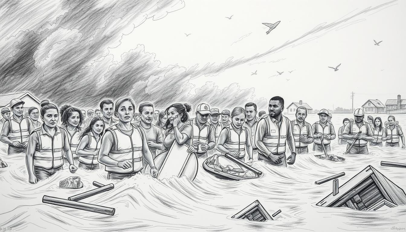 Create a monochromatic pencil sketch depicting a scene of "Sturmflut und Humanität." In the foreground, illustrate a group of diverse people working together in a heroic effort to aid those affected by a devastating flood. Focus on their expressions of determination and compassion, capturing the essence of human resilience. The middle ground should feature turbulent waters, emphasizing the raw power of nature, with debris and remnants of homes partially submerged. In the background, sketch dark storm clouds, reflecting the chaos of the storm. Add subtle colored accents to symbolize hope, such as bright vests worn by the rescuers and warm, inviting lights in the distance. Aim for a dramatic and evocative atmosphere, using dynamic shading to enhance depth and emotion.