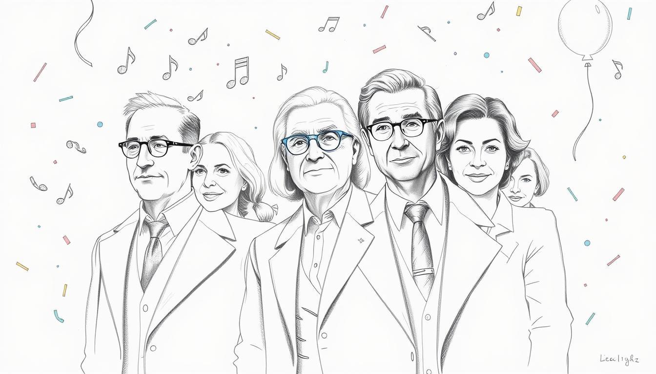 Create a monochromatic pencil sketch featuring prominent historical figures known for their birthdays on February 13th, such as figures from various fields like music, politics, and literature. In the foreground, illustrate a diverse group of three to four individuals in professional attire, conveying a sense of accomplishment and celebration. In the middle ground, add subtle symbols associated with their achievements, such as musical notes, books, and a globe, to represent their contributions to culture and society. In the background, softly depict a festive atmosphere with hints of color accents in balloons and confetti, suggesting a vibrant birthday celebration. Utilize soft, diffused lighting to create an inviting and celebratory mood, perhaps with a slight upward angle to emphasize the importance of these individuals. Create a monochromatic pencil sketch featuring prominent historical figures known for their birthdays on February 13th, such as figures from various fields like music, politics, and literature. In the foreground, illustrate a diverse group of three to four individuals in professional attire, conveying a sense of accomplishment and celebration. In the middle ground, add subtle symbols associated with their achievements, such as musical notes, books, and a globe, to represent their contributions to culture and society. In the background, softly depict a festive atmosphere with hints of color accents in balloons and confetti, suggesting a vibrant birthday celebration. Utilize soft, diffused lighting to create an inviting and celebratory mood, perhaps with a slight upward angle to emphasize the importance of these individuals.