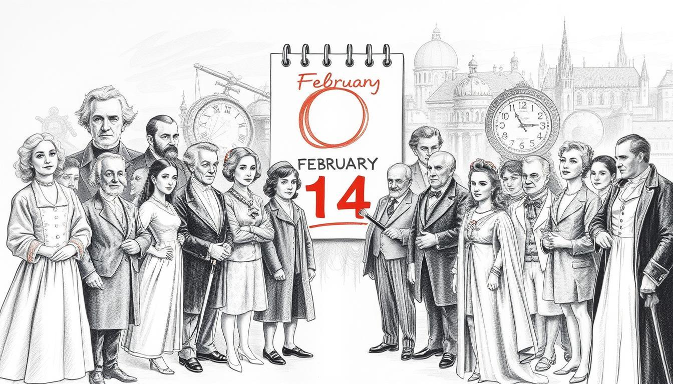 Create a monochrome pencil drawing depicting the birthdays and death anniversaries of famous historical figures, focusing on the significance of February 14th. In the foreground, illustrate elegantly dressed, diverse figures representing notable personalities from various cultures and eras, such as scientists, artists, and leaders, presented in a respectful manner. In the middle ground, showcase symbolic elements like a calendar with the date circled in red and iconic objects related to those figures, such as brushes, books, and globes, subtly colored to draw attention. The background should contain a historical cityscape or an abstract representation of time, blending seamlessly into the scene. Utilize soft lighting to create a reflective and reverent atmosphere, emphasizing the impact of these individuals on history. Aim for a balanced composition with a focus on the interplay between light and shadow.