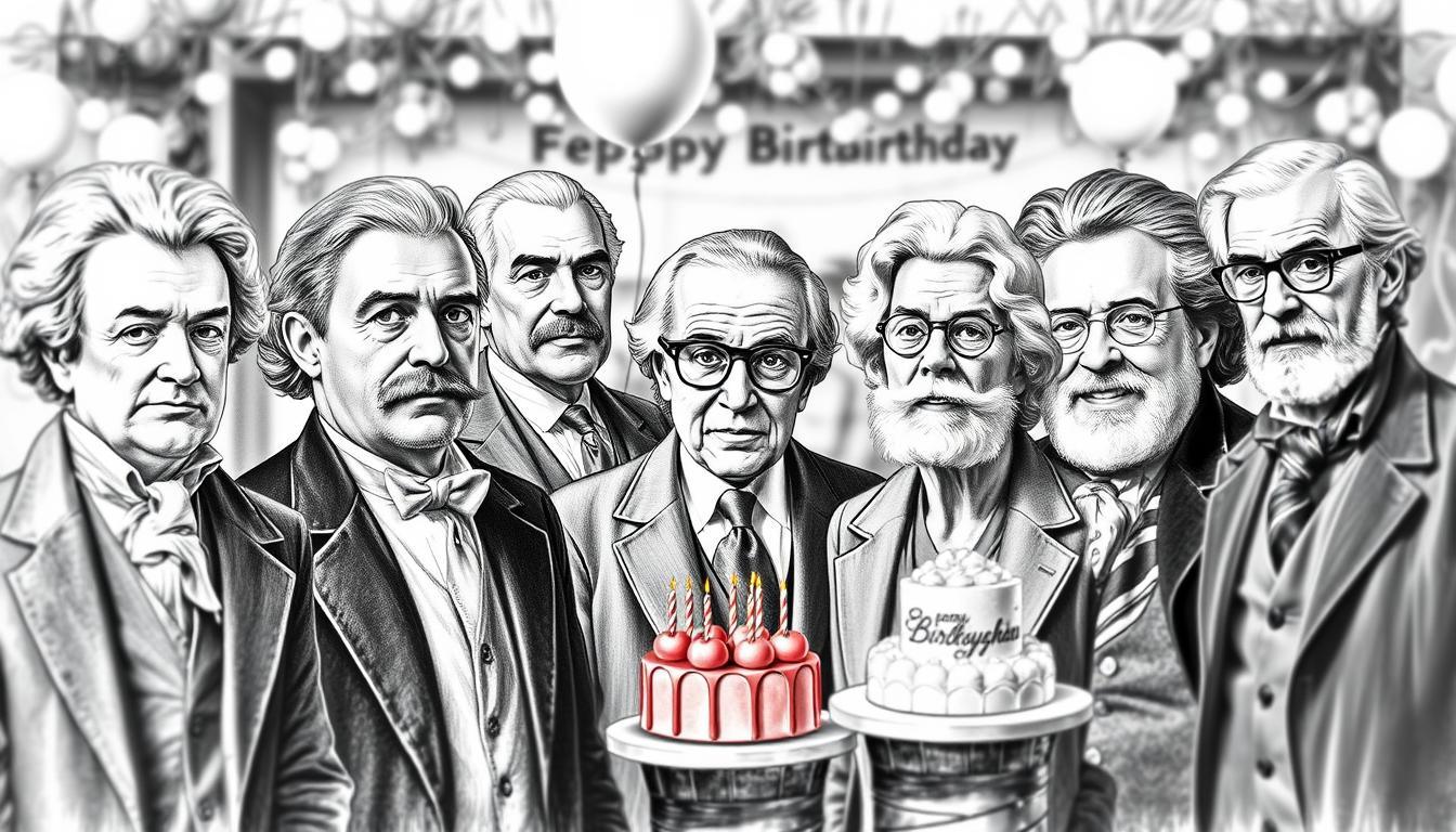 Create a monochrome pencil sketch depicting a celebration of famous personalities who share their birthdays on February 18. In the foreground, feature detailed, realistic portraits of renowned historical figures such as composers, authors, and scientists, rendered in black and white, each adorned in professional business attire. The middle layer should include subtle decorative elements like balloons or birthday cakes, adding vibrant colored accents to emphasize the festivities. In the background, depict a softly blurred festive scene, suggesting a party atmosphere with gentle lighting, enhancing the celebratory mood. Use a warm, inviting ambiance, avoiding harsh contrasts, and ensure no text or markings appear in the image.