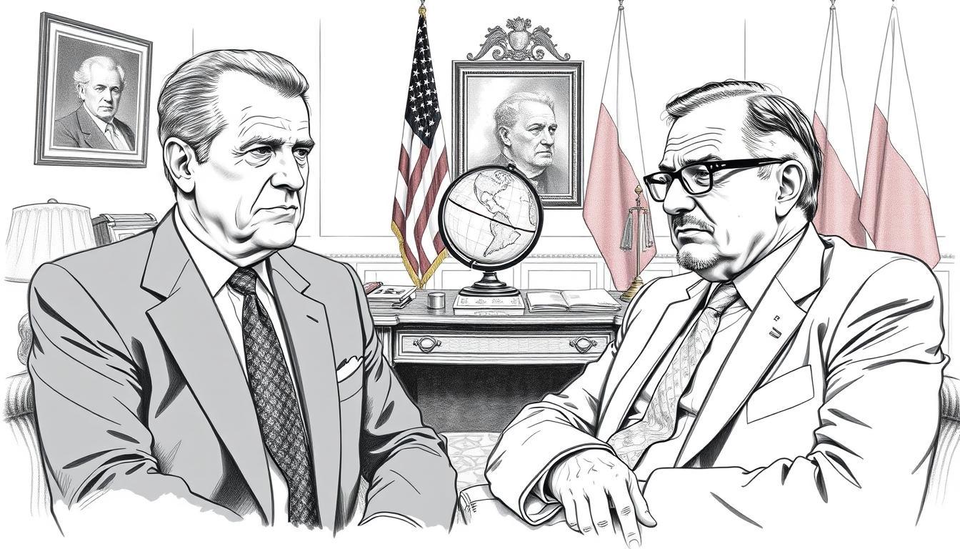 Create a monochrome pencil sketch depicting a historic meeting between Richard Nixon and Václav Havel, set within a stylized office environment. In the foreground, illustrate Nixon in a sharply tailored suit, exuding authority, while Havel, dressed in a smart business attire, displays a contemplative yet resilient expression. The middle ground features a richly detailed desk with historical documents and an antique globe, symbolizing diplomacy and resistance. In the background, include iconic elements like the American and Czech flags, subtly highlighted with muted colors to draw attention. The lighting should be soft and diffused, casting gentle shadows to create an intimate atmosphere. Capture the weight of history in their expressions and gestures, reflecting the complex interplay of diplomacy and resilience during this pivotal moment.