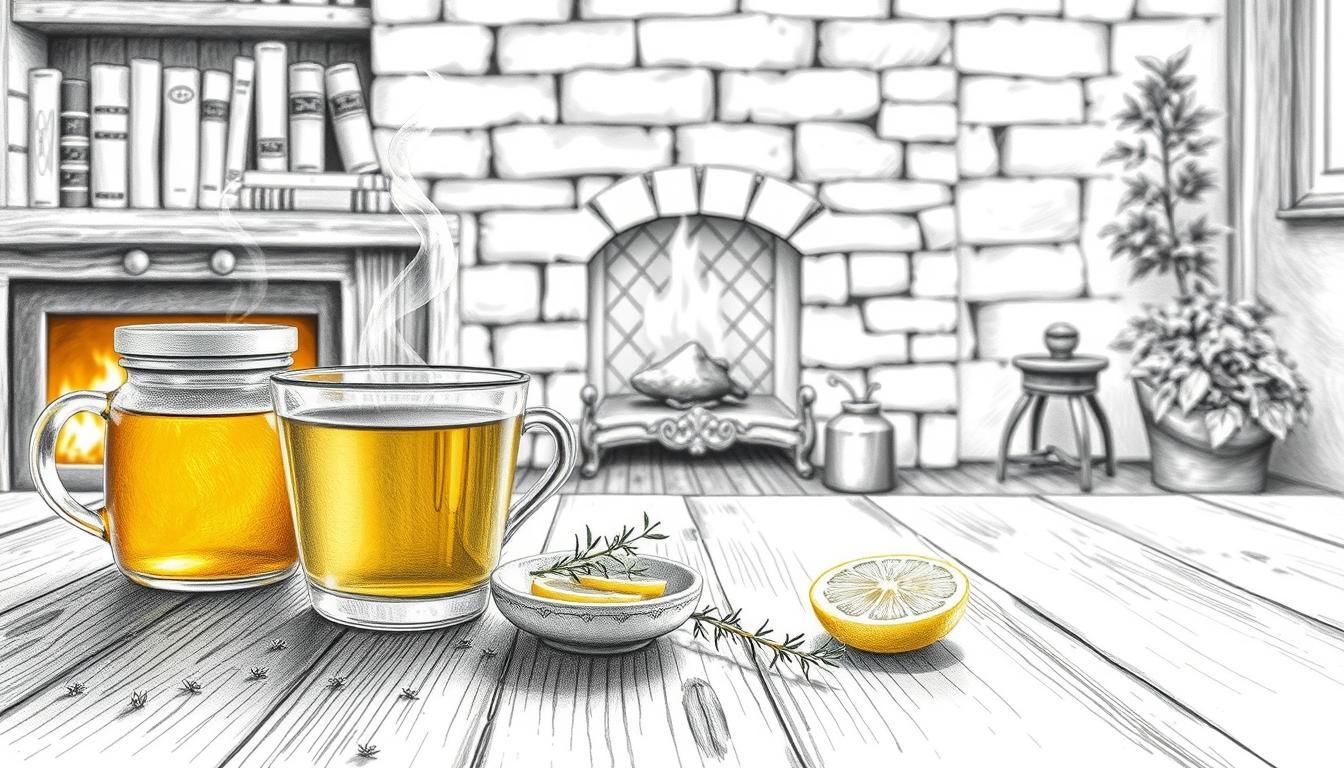 Create a serene black and white pencil sketch of a cozy home remedy setting for soothing dry cough. In the foreground, depict a wooden table adorned with a steaming cup of herbal tea, honey jar, and a small bowl of lemon slices. Include a few sprigs of fresh thyme scattered around, suggesting a natural approach. The middle ground should feature a softly glowing fireplace, casting warm light that contrasts with the monochrome surroundings. In the background, show a comforting bookshelf filled with old books and a small plant, adding life to the scene. The overall atmosphere should be calm and inviting, emphasizing tranquility. Include subtle colored accents on the tea and honey to evoke warmth and relaxation. Use soft, diffused lighting to enhance the peaceful mood.