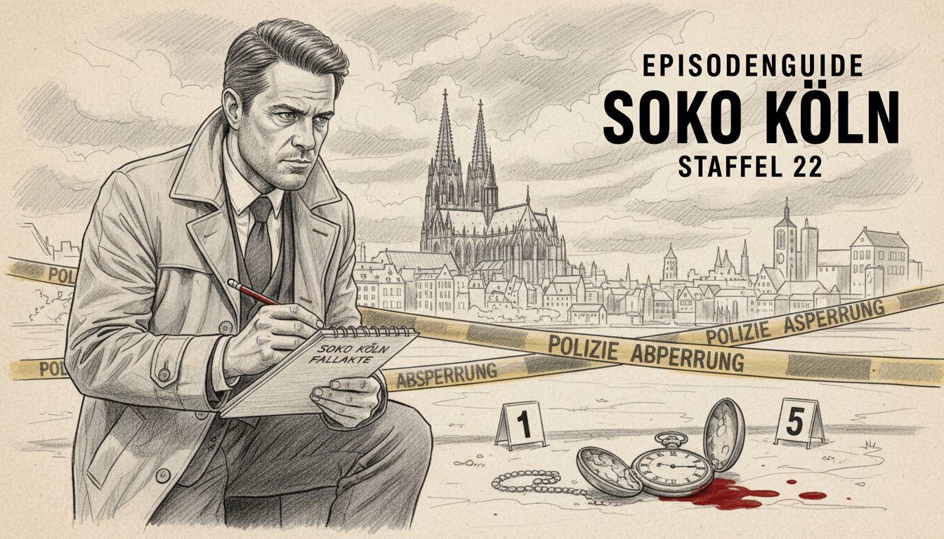 Episodenguide SOKO Köln Staffel 22 illustrated in monochrome pencil style with selective color accents. In the foreground, a detective in professional attire is investigating a scene with a notepad and pen. The middle ground features a detailed crime scene outline with police tape, evidence markers, and scattered clues, all rendered in black and white. In the background, the iconic Köln architecture rises against a cloudy sky, subtly illuminated by soft ambient light, creating a moody atmosphere of intrigue and suspense. The scene captures the essence of crime investigation in Köln, with striking contrasts and a focus on the detective's deep concentration, evoking a sense of mystery and drama. Episodenguide SOKO Köln Staffel 22 illustrated in monochrome pencil style with selective color accents. In the foreground, a detective in professional attire is investigating a scene with a notepad and pen. The middle ground features a detailed crime scene outline with police tape, evidence markers, and scattered clues, all rendered in black and white. In the background, the iconic Köln architecture rises against a cloudy sky, subtly illuminated by soft ambient light, creating a moody atmosphere of intrigue and suspense. The scene captures the essence of crime investigation in Köln, with striking contrasts and a focus on the detective's deep concentration, evoking a sense of mystery and drama.