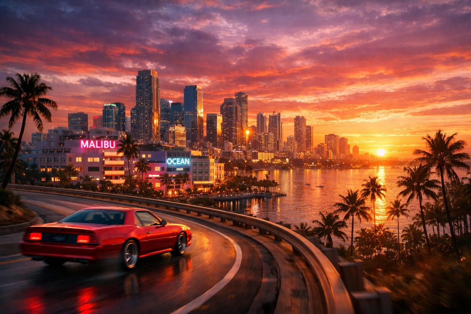 GTA 6 Release: Datum, Preis, Trailer & alle Infos 2026 2 GTA 6 Release: Vice City Skyline bei Sonnenuntergang mit Sportwagen