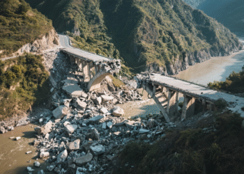 Luftaufnahme der Hongqi-Brücke an der G317 bei Ma’erkang; die rechte Zufahrt ist nach einem Hangrutsch eingestürzt, Absperrungen sichern die Strecke.