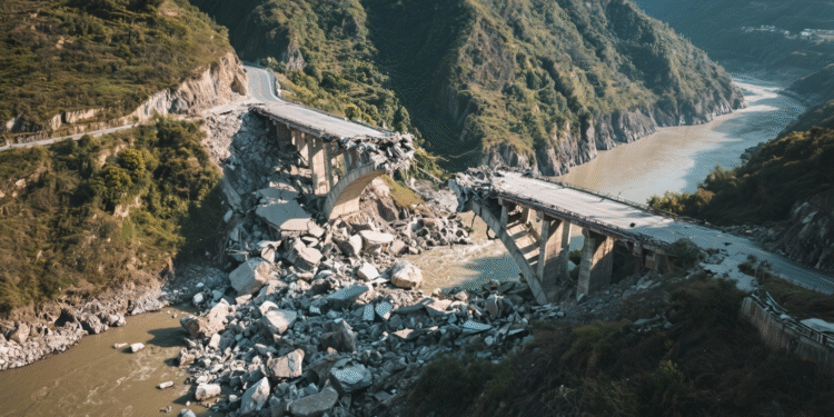 Luftaufnahme der Hongqi-Brücke an der G317 bei Ma’erkang; die rechte Zufahrt ist nach einem Hangrutsch eingestürzt, Absperrungen sichern die Strecke.