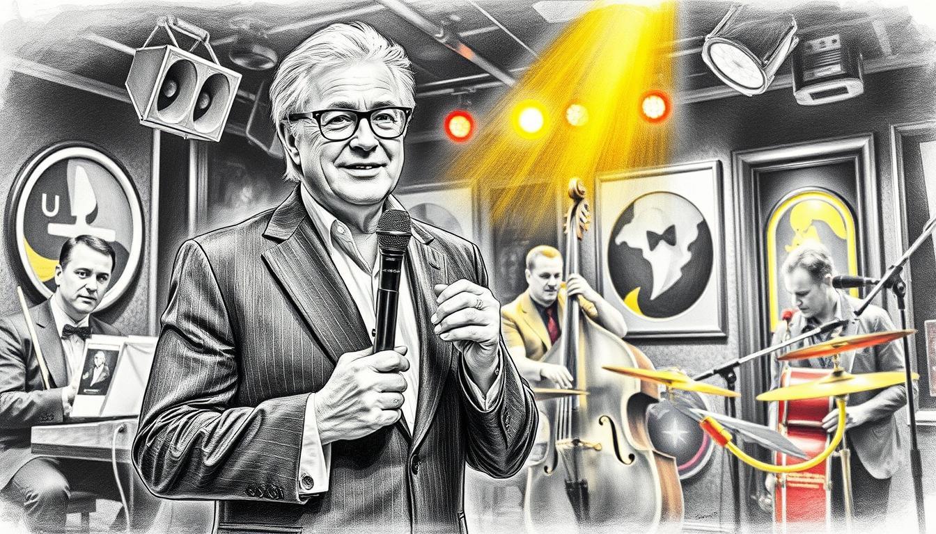 Manfred Krug, a distinguished jazz singer, portrays a charismatic presence in a lively jazz club setting. In the foreground, he stands confidently with a microphone in hand, wearing a sharp, classic suit that reflects his timeless style. His expressive face conveys passion and connection with the audience. In the middle ground, jazz musicians accompany him, engaging with their instruments—a pianist, a bassist, and a drummer, all contributing to the dynamic atmosphere. The background features dimly lit club decor, emphasizing the warm glow of spotlights that create a cozy ambiance. The entire scene is rendered in pencil sketch with black and white tones, enhanced with subtle, colorful accents on the instruments and lighting to evoke a vibrant musical energy. This composition should highlight the artistic richness of jazz music and showcase Manfred Krug’s artistic essence.