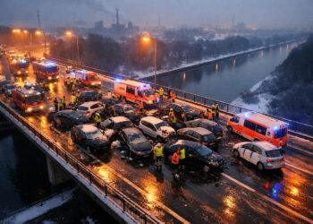 Massenkarambolage A42 26 Fahrzeuge kollidieren auf Glatteis