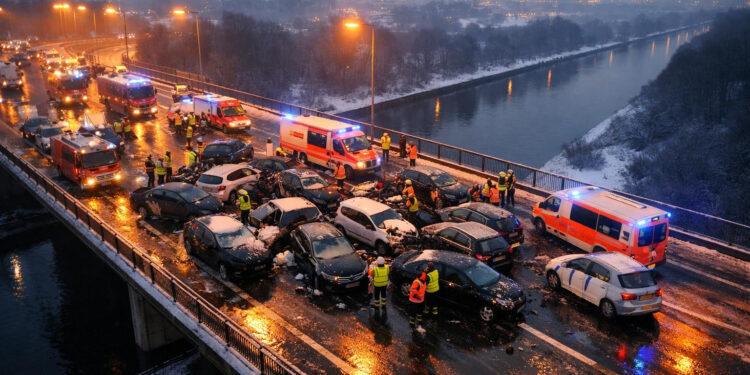 Massenkarambolage A42 26 Fahrzeuge kollidieren auf Glatteis