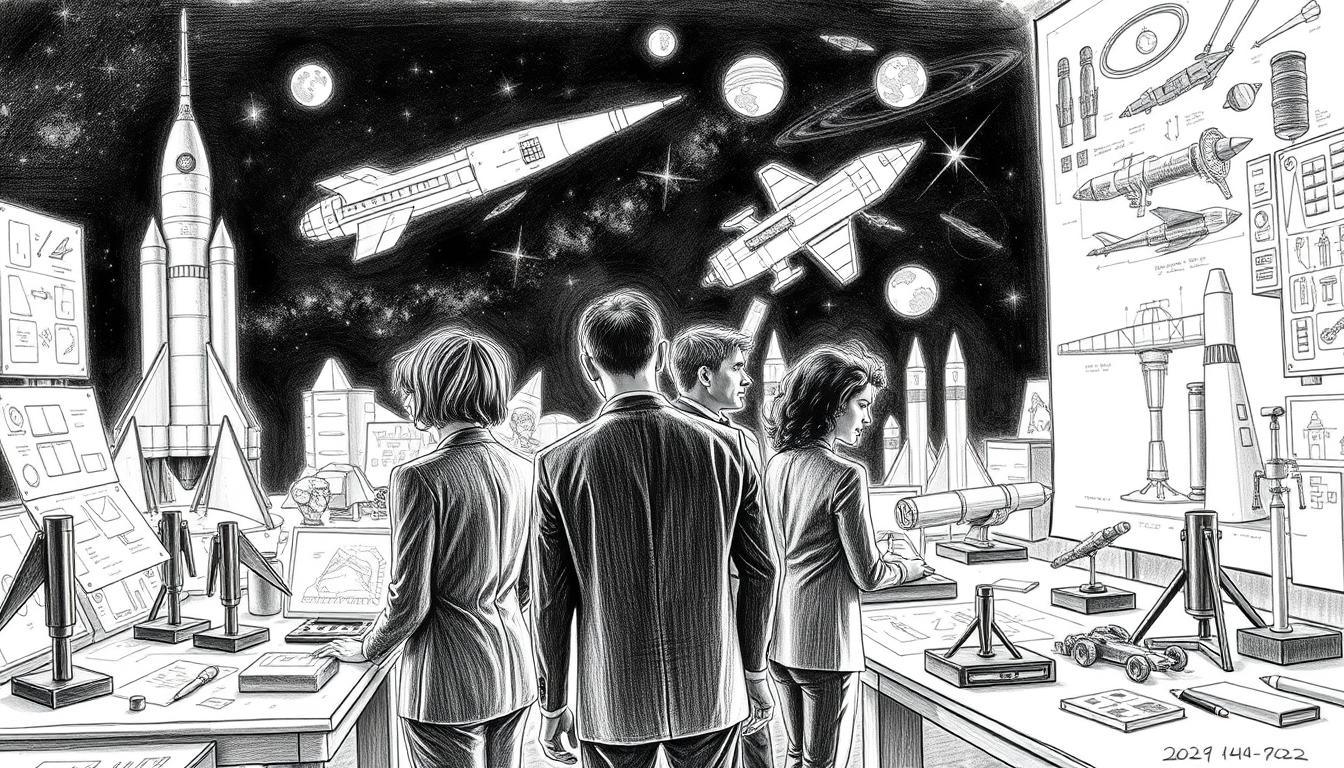Pioneers and forerunners of space exploration, depicted in a black and white pencil sketch style with selective color accents. In the foreground, a diverse group of individuals in professional business attire, representing engineers, scientists, and visionaries, work together at a workspace filled with blueprints and models of spacecraft. The middle ground features intricate designs of rockets and satellites, showcasing their innovations and contributions to space travel. In the background, a celestial scene with stars and planets subtly illuminated, symbolizing the vast possibilities of exploration. The atmosphere is inspiring and focused, with dramatic chiaroscuro lighting enhancing the sense of creativity and collaboration in the pursuit of knowledge and advancement in space optics. Pioneers and forerunners of space exploration, depicted in a black and white pencil sketch style with selective color accents. In the foreground, a diverse group of individuals in professional business attire, representing engineers, scientists, and visionaries, work together at a workspace filled with blueprints and models of spacecraft. The middle ground features intricate designs of rockets and satellites, showcasing their innovations and contributions to space travel. In the background, a celestial scene with stars and planets subtly illuminated, symbolizing the vast possibilities of exploration. The atmosphere is inspiring and focused, with dramatic chiaroscuro lighting enhancing the sense of creativity and collaboration in the pursuit of knowledge and advancement in space optics.