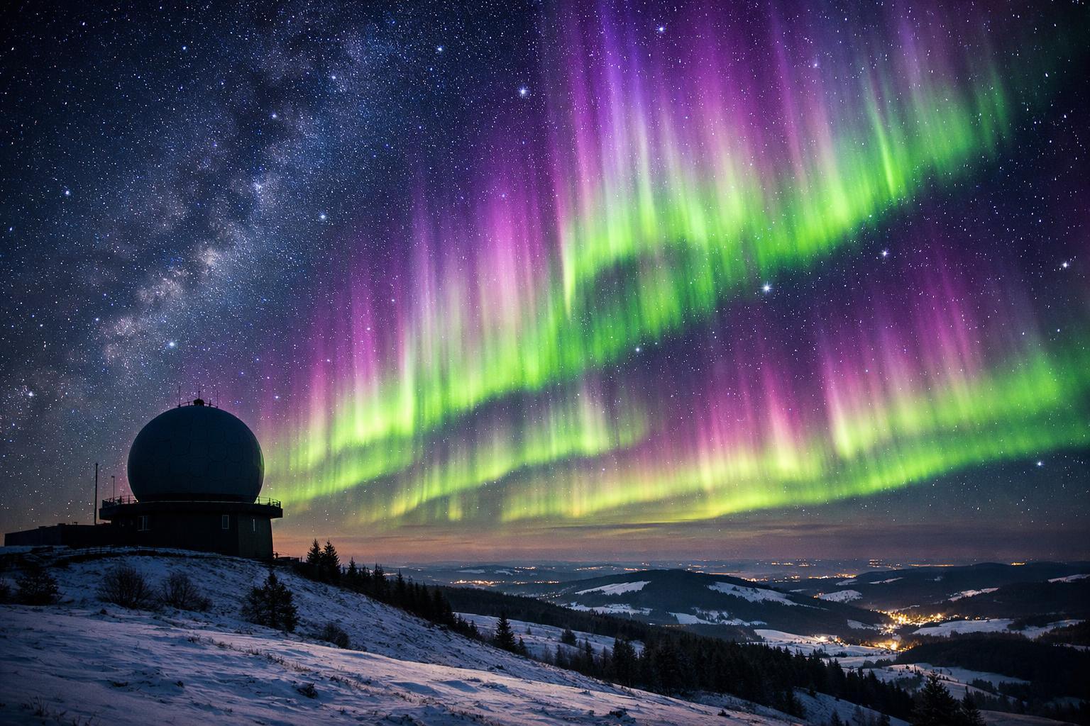 Polarlichter Hessen – grüne und violette Aurora borealis über der Wasserkuppe in der Rhön