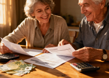 Glückliches Rentnerpaar prüft Rentenbescheid und freut sich über die Rentenerhöhung 2026