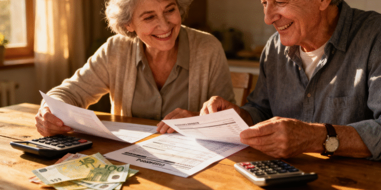 Glückliches Rentnerpaar prüft Rentenbescheid und freut sich über die Rentenerhöhung 2026