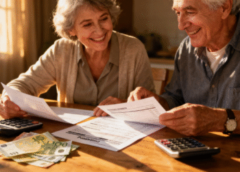Glückliches Rentnerpaar prüft Rentenbescheid und freut sich über die Rentenerhöhung 2026